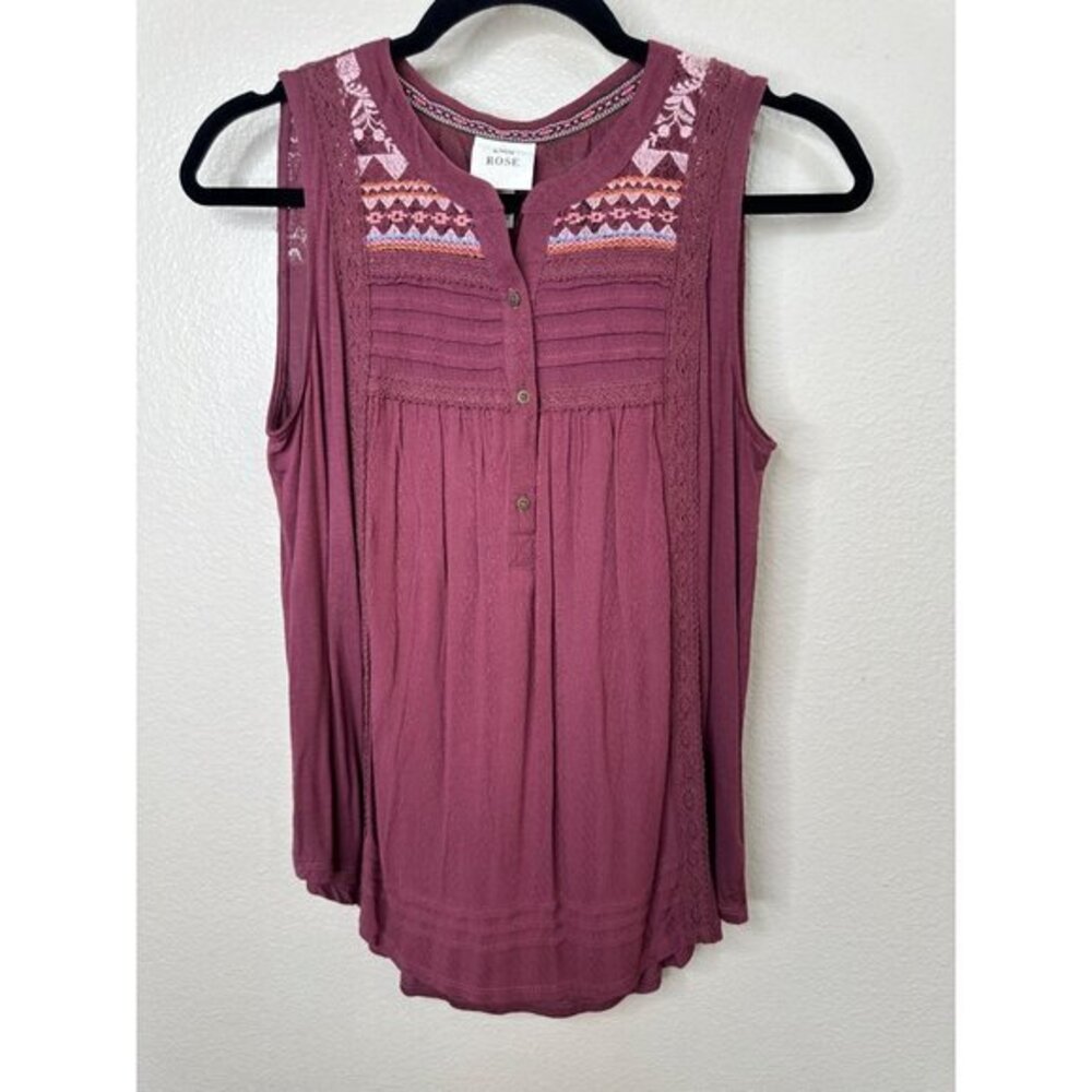 Knox Rose Womens Red Tank Top S wide straps v-neck sleeveless Rayon embroidered - Picture 2 of 6